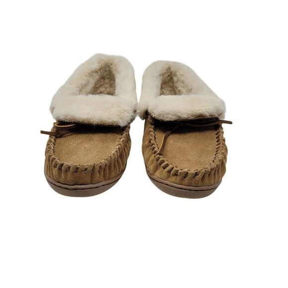 Minnetonka Womens Tan Suede Moccasin Slippers Sherpa Faux Fur Lining Sz 9 - Picture 5 of 10